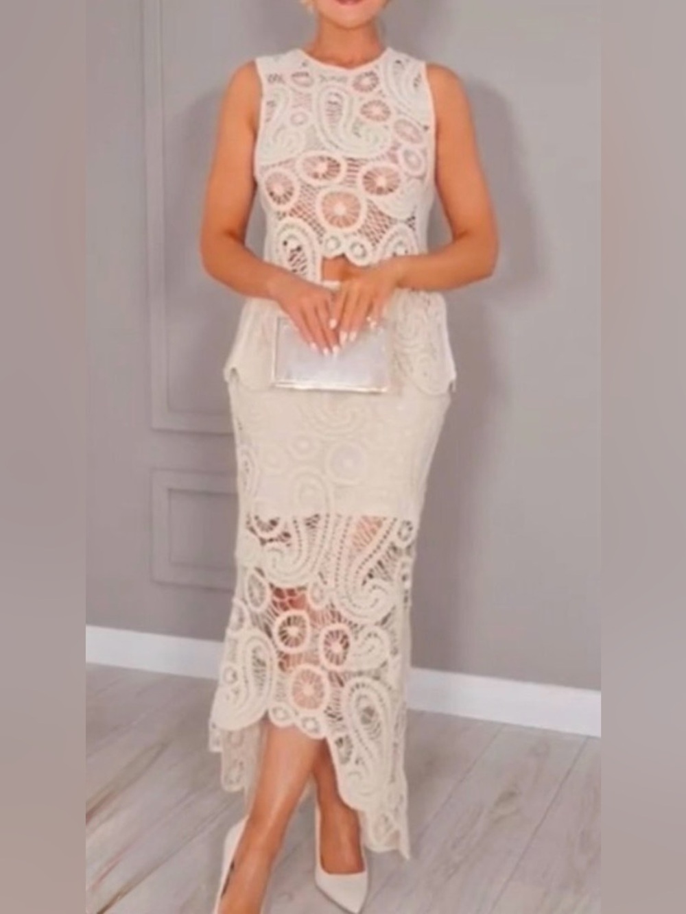ZARA Asymmetric Women's Crochet Lace top and Midi Skirt - Cream colored